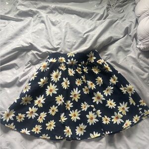 Floral A-Line Skirt - Black with White and Yellow Daisies